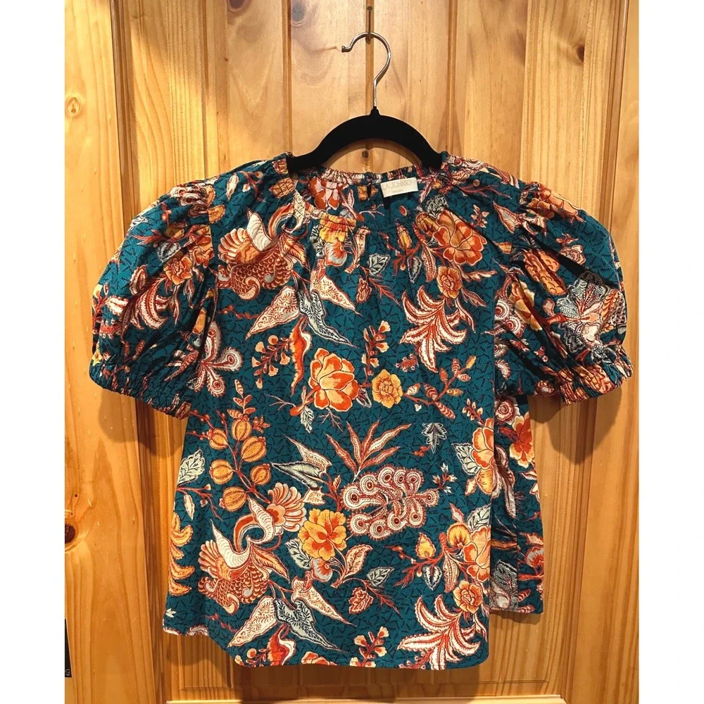 Ulla Johnson Frances Top Teal Floral Batik Puff Sleeve Cotton Blouse‎ Size 4